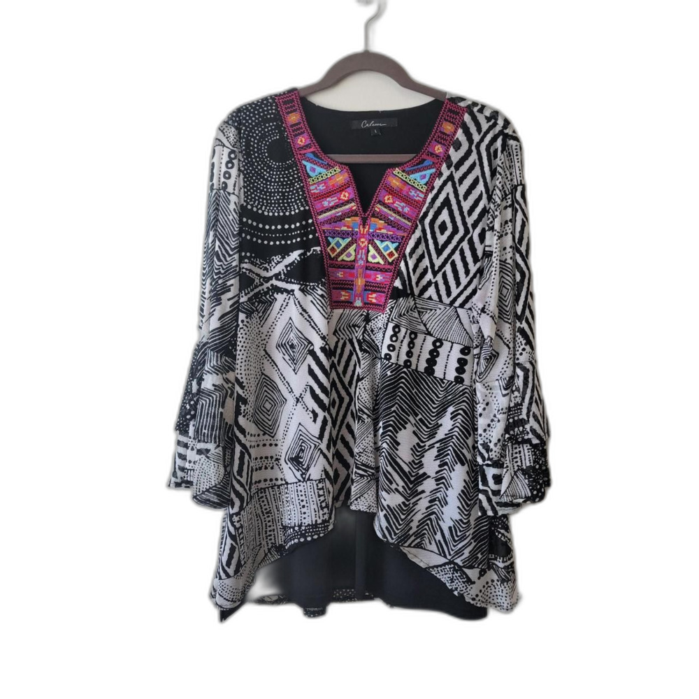 Calesas Black White Geometric Print Button Down Tunic Top Bell Sleeve Size L